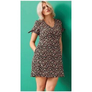 Loft Women’s Plus Size 24 Floral Tie Sleeve Pocket Flare Mini Dress Black Multi